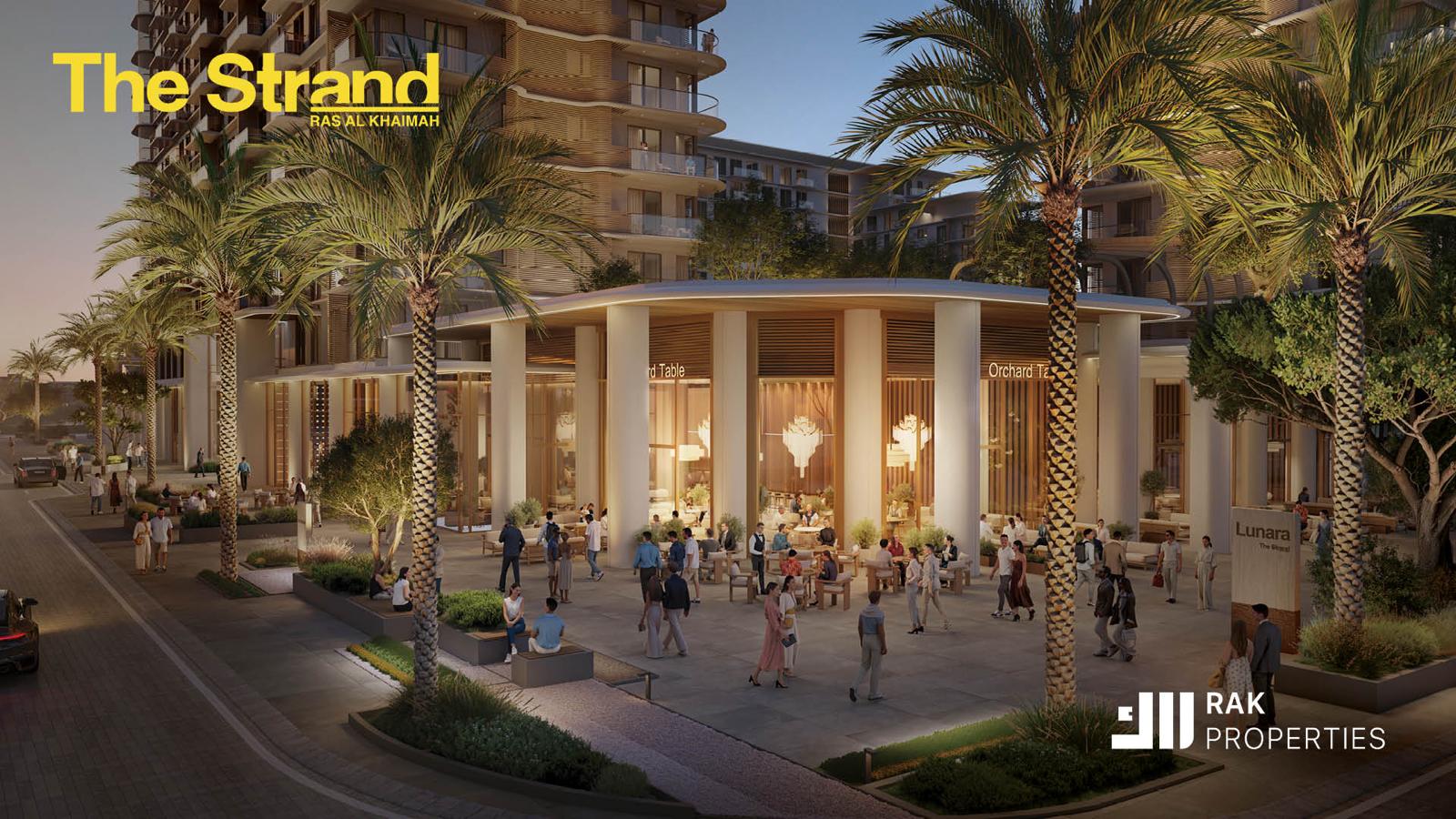 The Strand-projectimpressie met een groene wandelpromenade en terrassen
