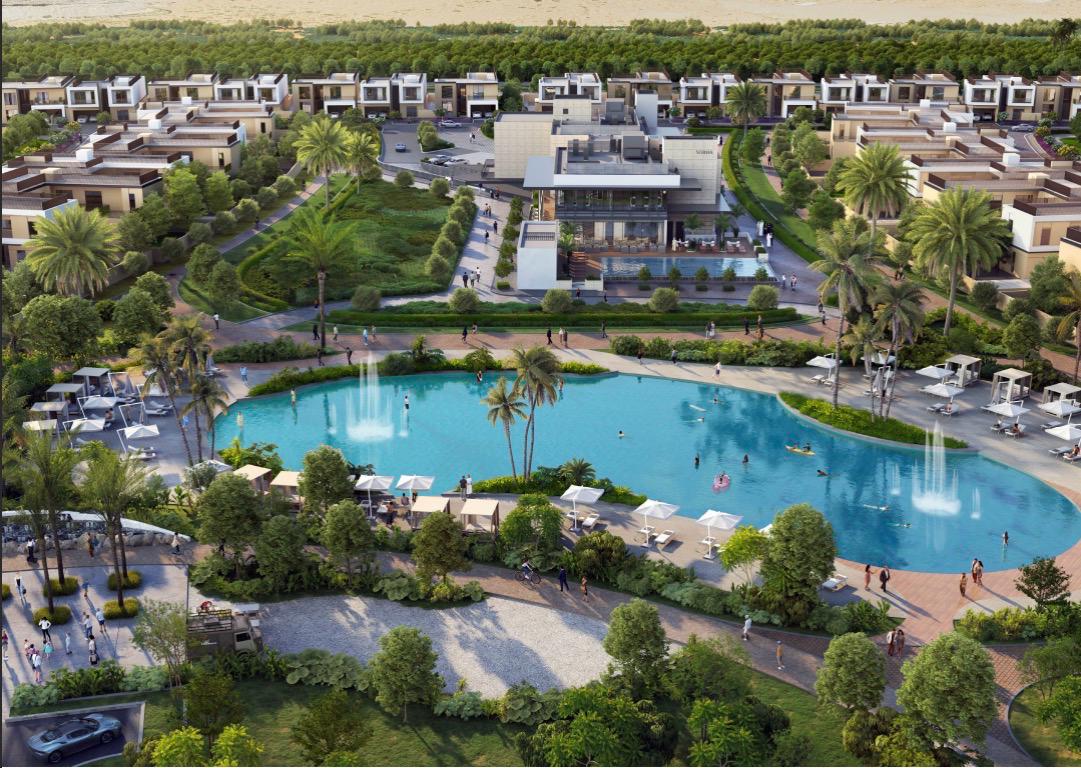 Aangeleverde Sobha-projectimpressie met woningen rond water en groen